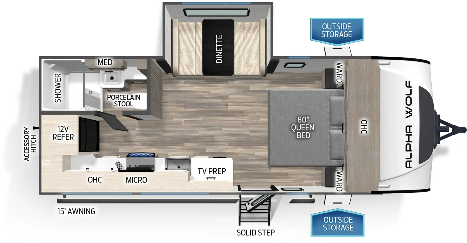 The 17MKE has one slideout and one entry. Exterior features outside storage, solid step entry, 15 foot awning, and rear accessory hitch. Interior layout front to back: foot-facing queen bed with overhead cabinet and wardrobes on each side; off-door side slideout with dinette; door side entry, kitchen counter with sink and cooktop wraps to rear, overhead cabinet with TV prep, and microwave, and rear refrigerator; off-door side rear full bathroom with medicine cabinet and porcelain stool.